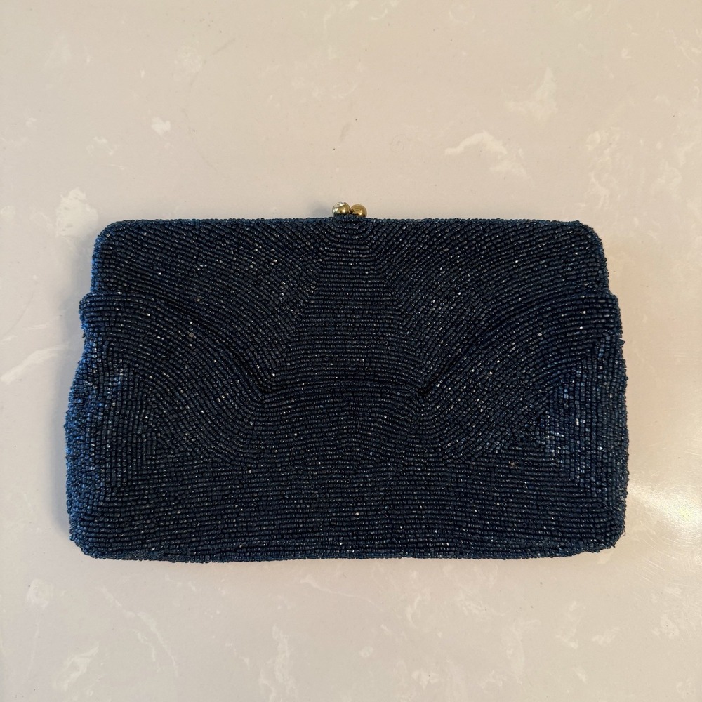 Vintage 60s Walborg Beaded Clutch Evening Bag Rhinestone Clasp Navy